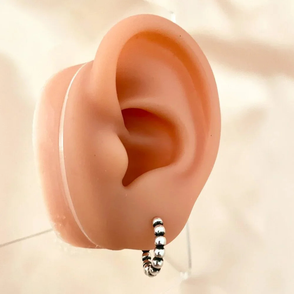 925 Sterling Silver Small Hoop Earrings Bead Earrings 14 mm Small Hoops - Picture 4 of 4